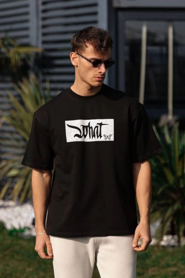 Erkek Kısa Kol Yazlık Tişört Bisiklet Yaka Baskılı Oversize T-Shirt - Siyah