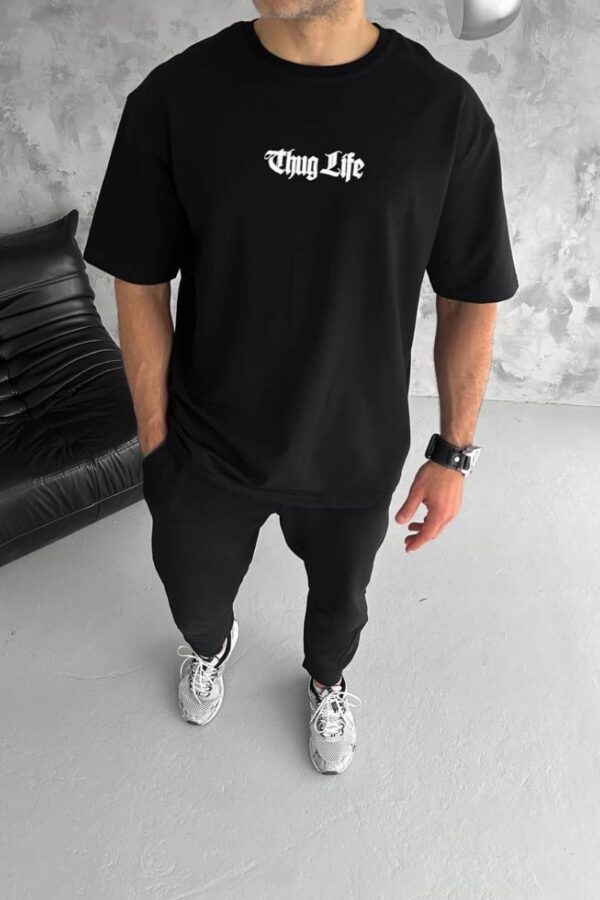 Erkek Kısa Kol Yazlık Tişört Bisiklet Yaka Baskılı Oversize T-Shirt - Siyah