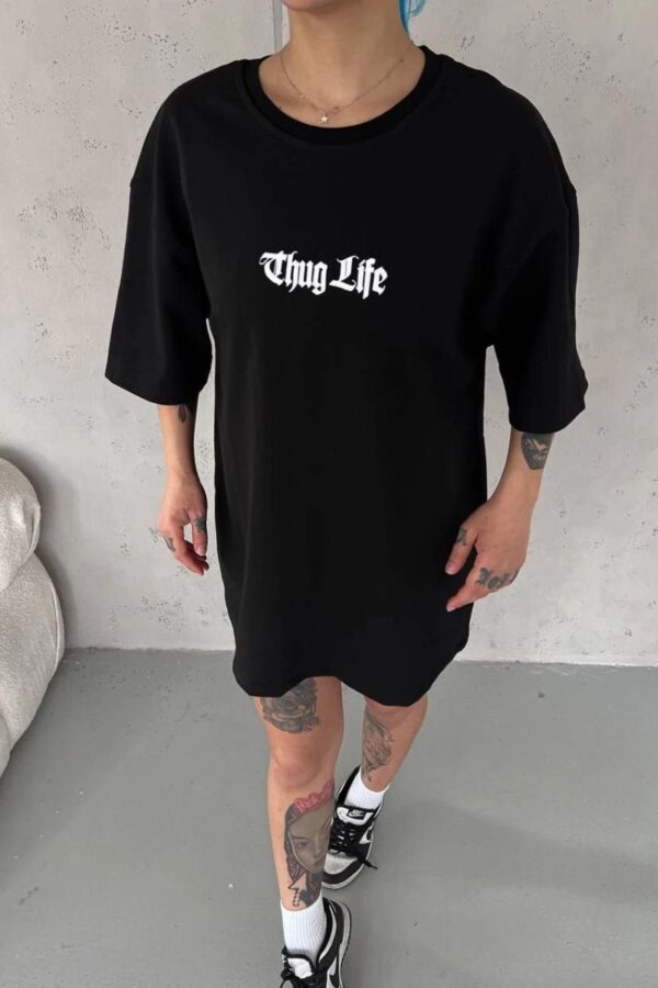 Kadın Kısa Kol Yazlık Tişört Bisiklet Yaka Baskılı Oversize T-Shirt -  Siyah