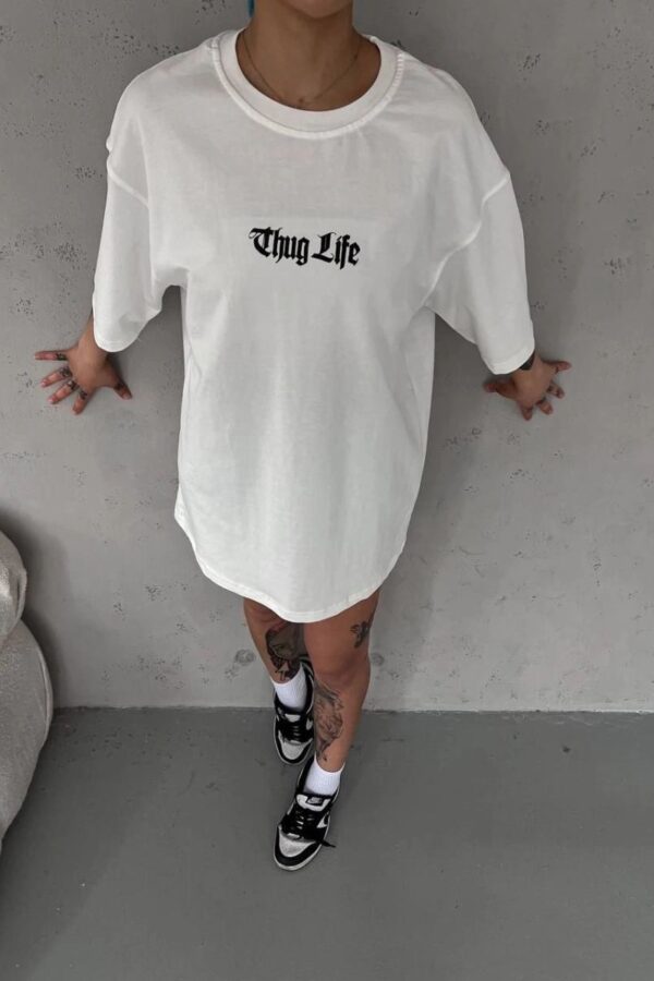 Kadın Kısa Kol Yazlık Tişört Bisiklet Yaka Baskılı Oversize T-Shirt - Beyaz