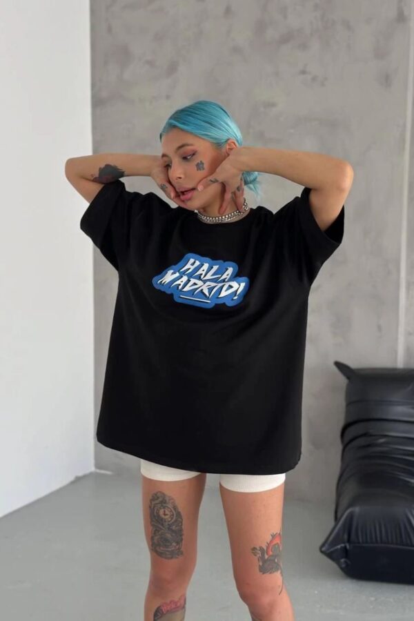 Kadın Kısa Kol Yazlık Tişört Bisiklet Yaka Baskılı Oversize T-Shirt - Siyah