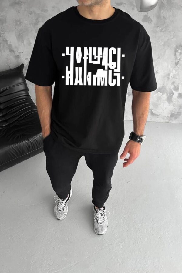 Erkek Tişört Kısa Kol Bisiklet Yaka Katlanan HANIMCI Baskılı T-Shirt - Siyah
