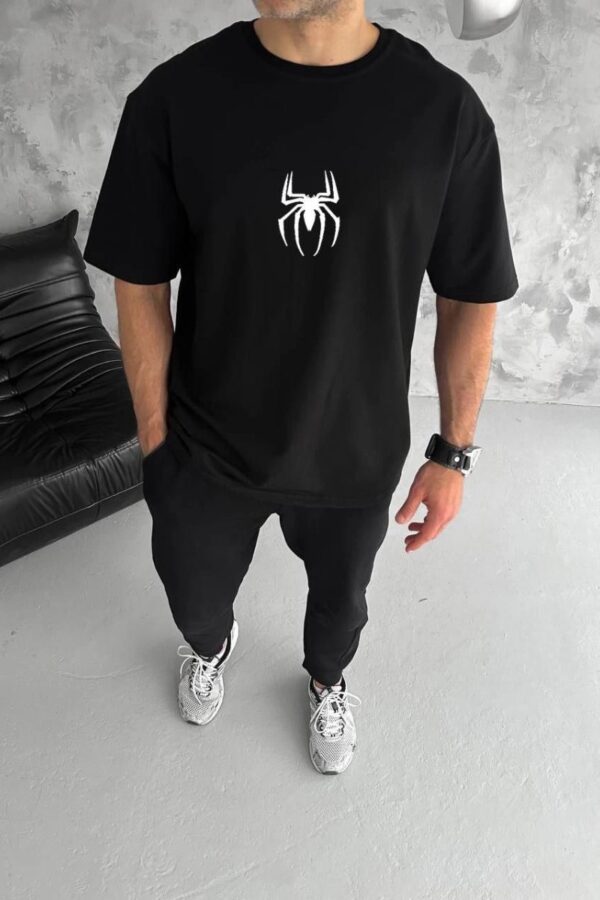 Erkek Kısa Kol Tişört Bisiklet Yaka ÖRÜMCEK Baskılı Oversize T-Shirt - Siyah