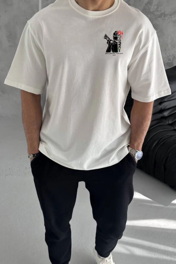 Erkek Kısa Kol Yazlık Tişört Bisiklet Yaka Baskılı Oversize T-Shirt - Beyaz