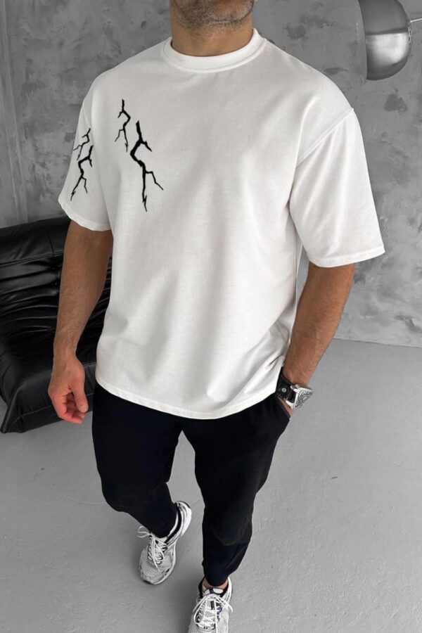Erkek Kısa Kol Tişört Bisiklet Yaka Yıldırım Baskılı Oversize T-Shirt - Beyaz