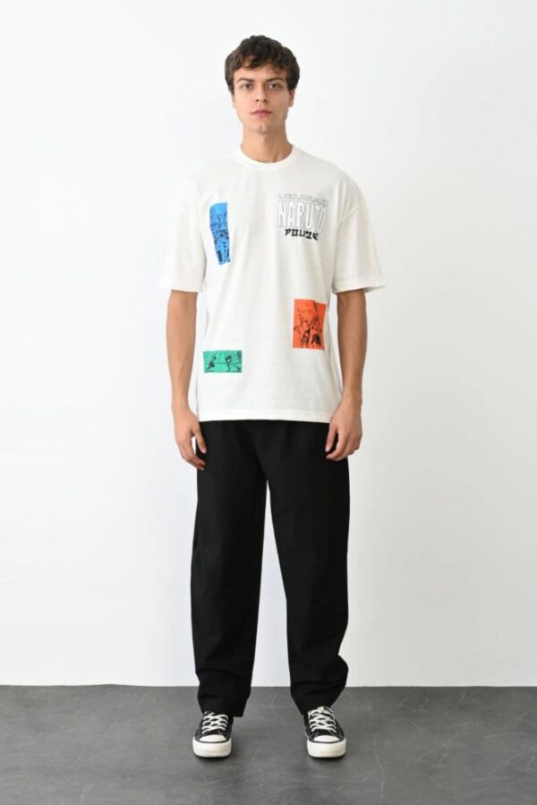 Erkek Kısa Kol Yazlık Tişört Bisiklet Yaka Baskılı Oversize T-Shirt - Beyaz
