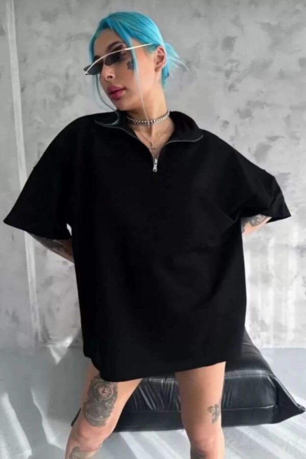 Kadın Yarım Fermuarlı Tişört Düz Oversize T-Shirt - Siyah