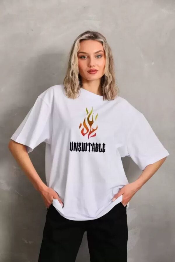 Kadın Baskılı T-Shirt Kısa Kol Bisiklet Yaka Oversize Rahat Kalıp Günlük Tişört   - Beyaz