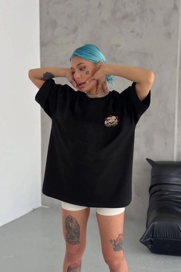 Kadın Baskılı T-Shirt Kısa Kol Bisiklet Yaka Oversize Rahat Kalıp Günlük Tişört   - Siyah