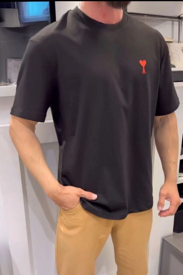 Erkek Kısa Kol Tişört Bisiklet Yaka KALP Baskılı Oversize T-Shirt - Siyah