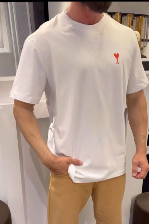 Erkek Kısa Kol Tişört Bisiklet Yaka KALP Baskılı Oversize T-Shirt - Beyaz