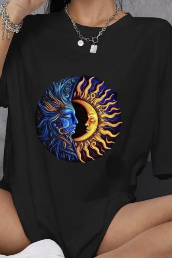 Kadın Baskılı T-Shirt Kısa Kol Bisiklet Yaka Oversize Rahat Kalıp Günlük Tişört   - Siyah