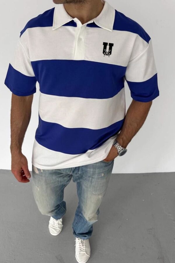 Erkek Polo Yakalı Tişört Kısa Kol Parçalı ve Baskılı T-shirt - Mavi