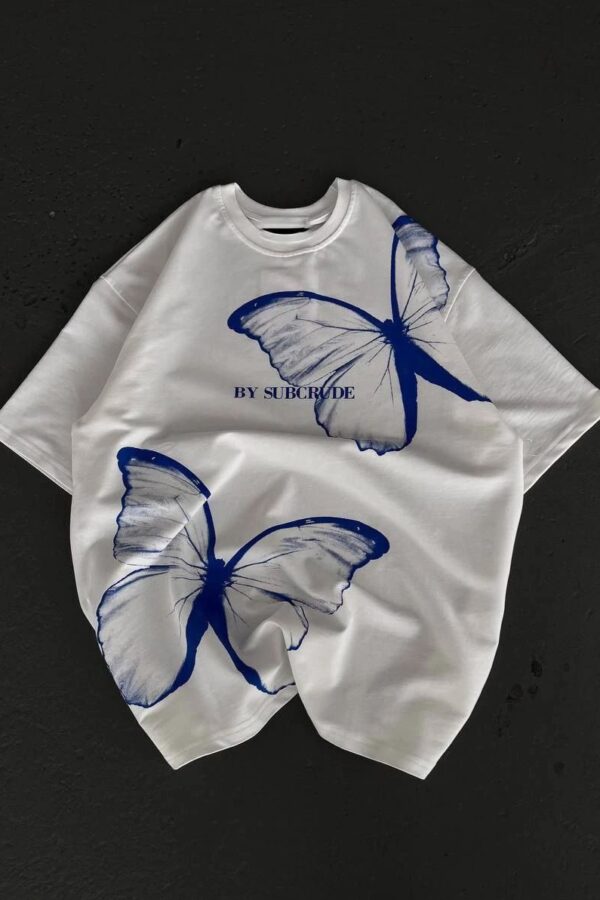 kadın  Bisiklet Yaka Baskılı Oversize T-Shirt - Beyaz