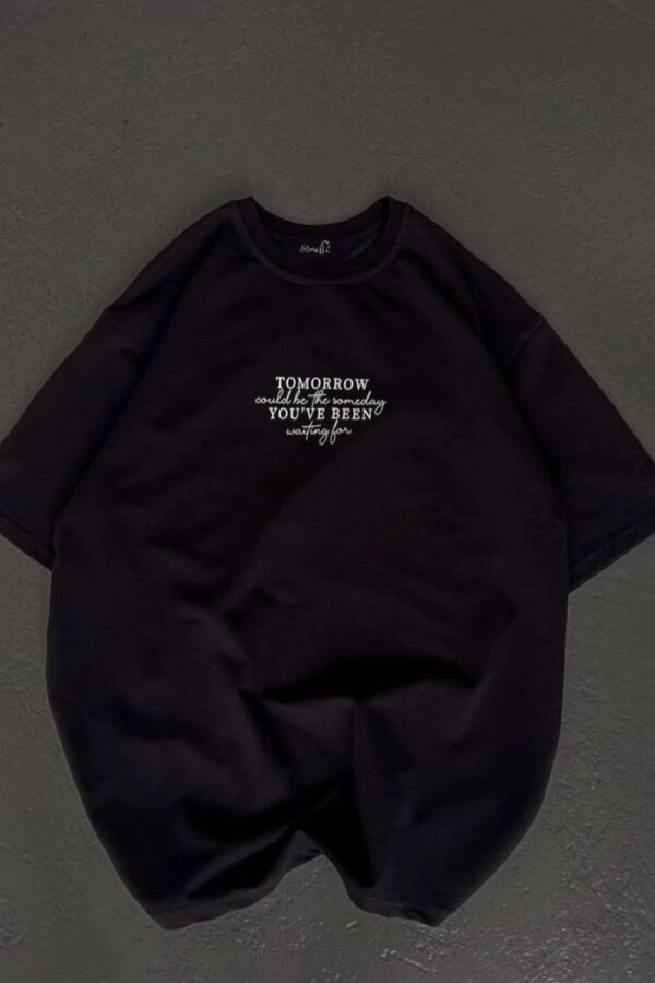 Kadın Baskılı T-Shirt Kısa Kol Bisiklet Yaka Oversize Rahat Kalıp Günlük Tişört   - Siyah