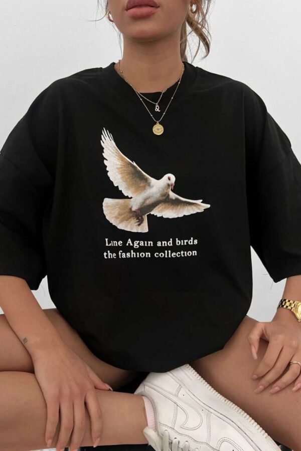 Kadın Kısa Kol Yazlık Tişört Bisiklet Yaka Güvercin Baskılı T-Shirt - Siyah