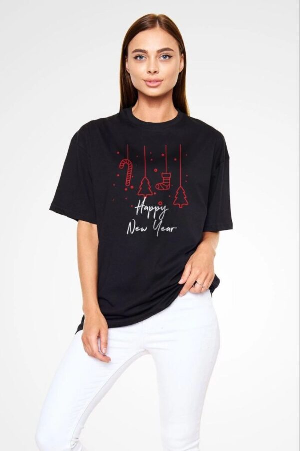 kadın Bisiklet Yaka  Kısa kol Baskılı Oversize T-Shirt - Siyah