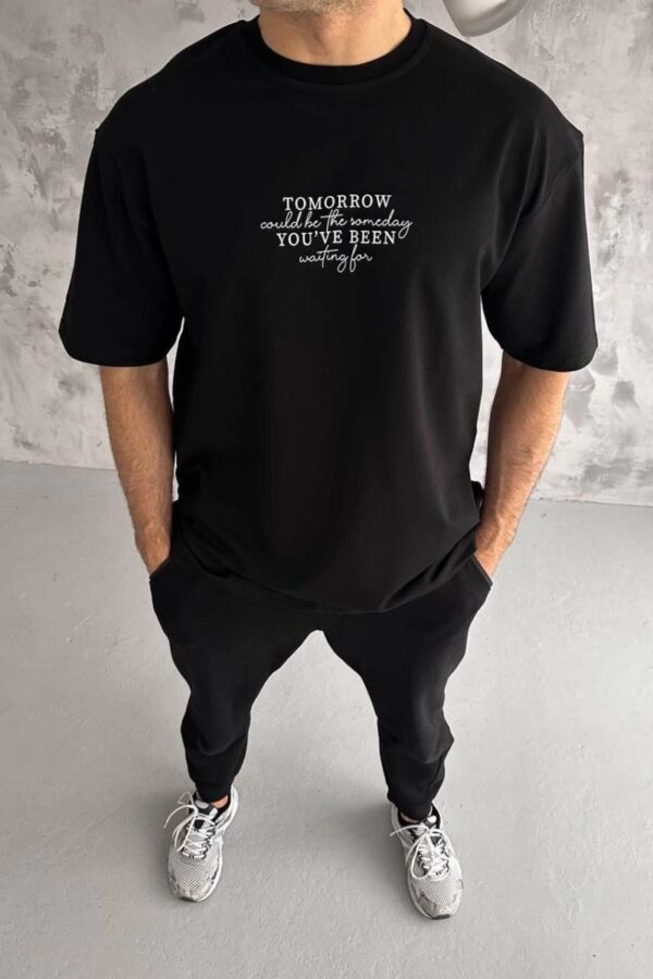 Erkek Kısa Kol Yazlık Tişört Bisiklet Yaka Baskılı Oversize T-Shirt - Siyah