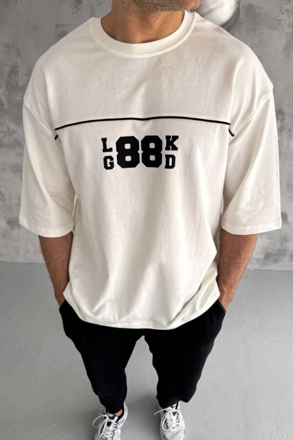 Erkek Kısa Kol Yazlık Tişört Bisiklet Yaka Baskılı Oversize T-Shirt - Beyaz