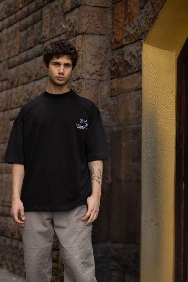 Erkek Kısa Kol Yazlık Tişört Bisiklet Yaka Baskılı Oversize T-Shirt - Siyah