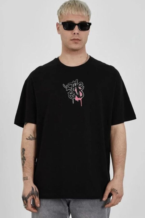 Erkek Kısa Kol Yazlık Tişört Bisiklet Yaka Baskılı Oversize T-Shirt -  Siyah