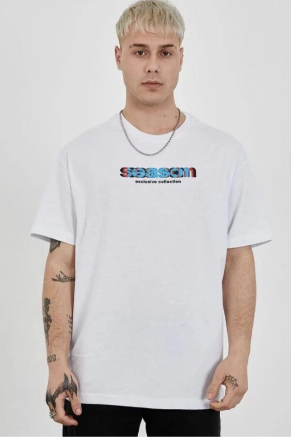 Erkek Kısa Kol Yazlık Tişört Bisiklet Yaka Baskılı Oversize T-Shirt - Beyaz