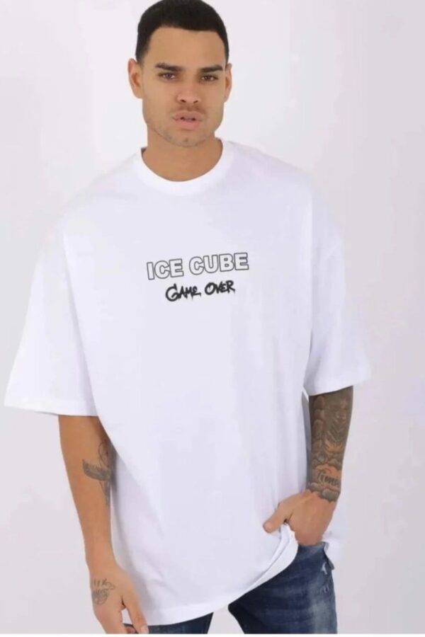 Erkek Kısa Kol Yazlık Tişört Bisiklet Yaka Baskılı Oversize T-Shirt - Beyaz
