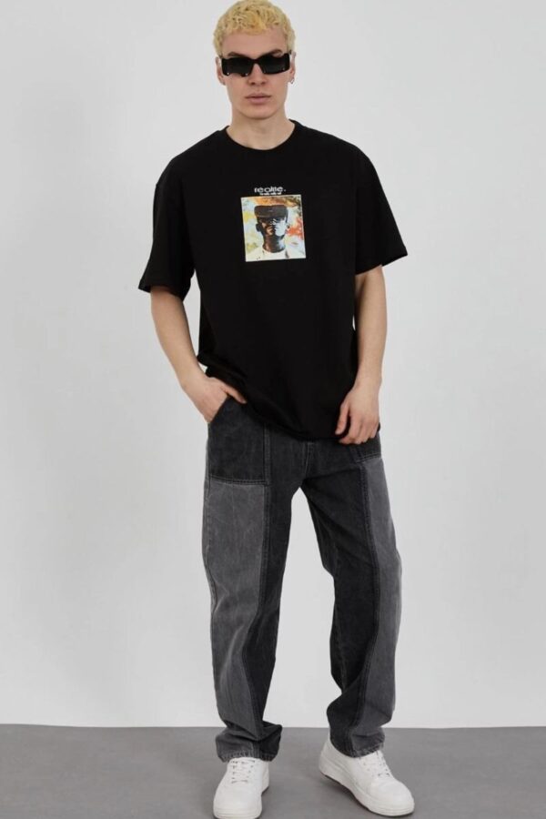 Erkek Kısa Kol Yazlık Tişört Bisiklet Yaka Baskılı Oversize T-Shirt - Siyah