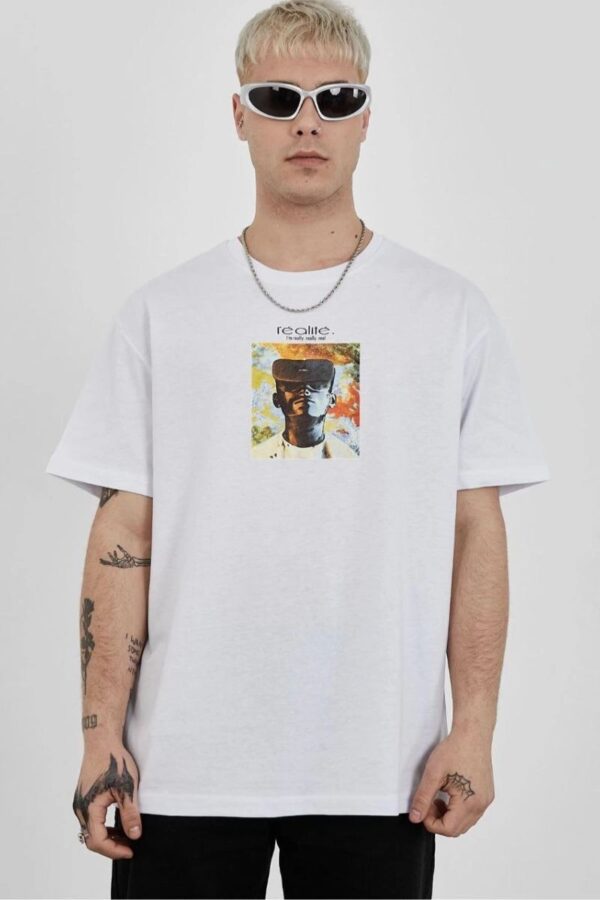 Erkek Kısa Kol Yazlık Tişört Bisiklet Yaka Baskılı Oversize T-Shirt - Beyaz