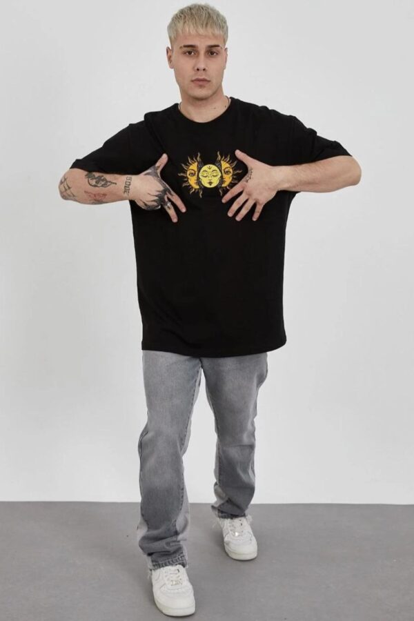 Erkek Kısa Kol Yazlık Tişört Bisiklet Yaka Baskılı Oversize T-Shirt - Siyah
