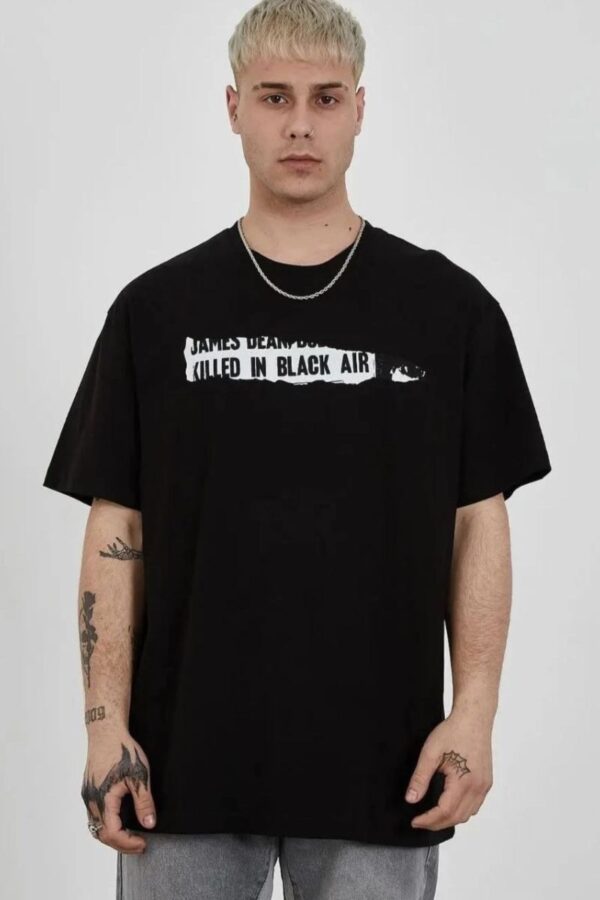Erkek Kısa Kol Yazlık Tişört Bisiklet Yaka Baskılı Oversize T-Shirt - Siyah