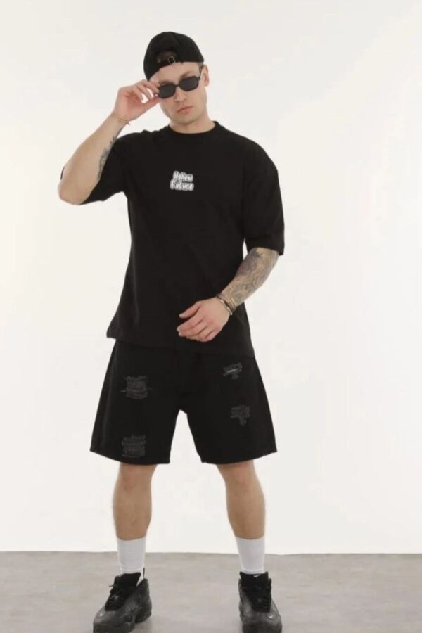 Erkek Kısa Kol Yazlık Tişört Bisiklet Yaka Baskılı Oversize T-Shirt - Siyah