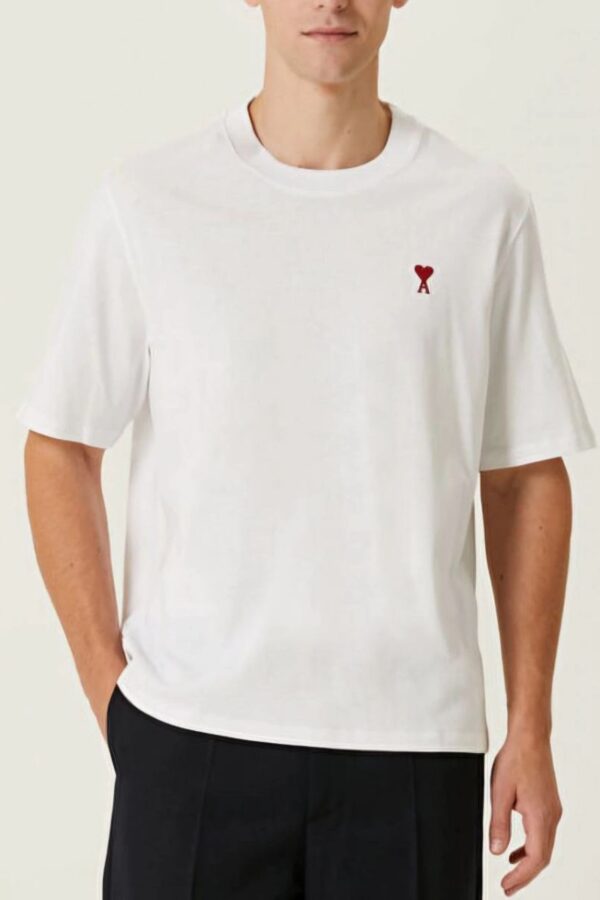 Erkek Kısa Kol Tişört Bisiklet Yaka KALP Baskılı Oversize T-Shirt - Beyaz