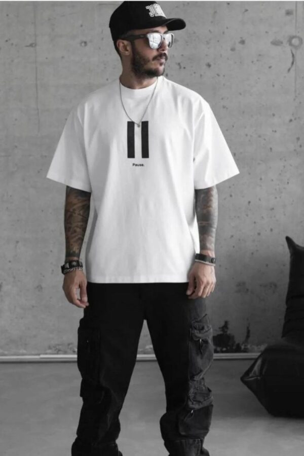 Erkek Kısa Kol Yazlık Tişört Bisiklet Yaka Baskılı Oversize T-Shirt - Beyaz