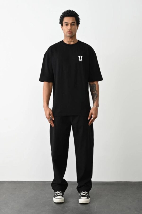 Erkek Kısa Kol Yazlık Tişört Bisiklet Yaka Baskılı Oversize T-Shirt - Siyah