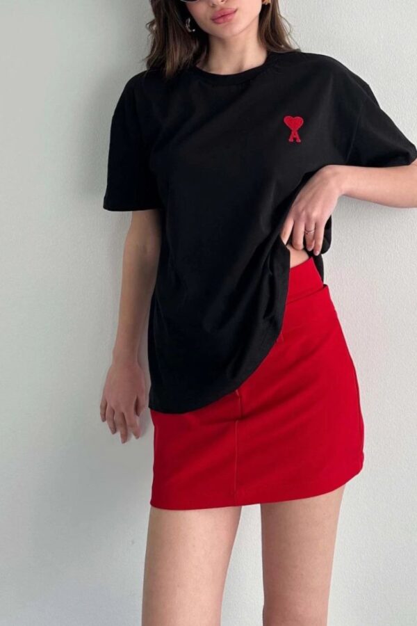 Kadın Tişört Bisiklet Yaka Baskılı Oversize Kısa Kol T-Shirt - Siyah