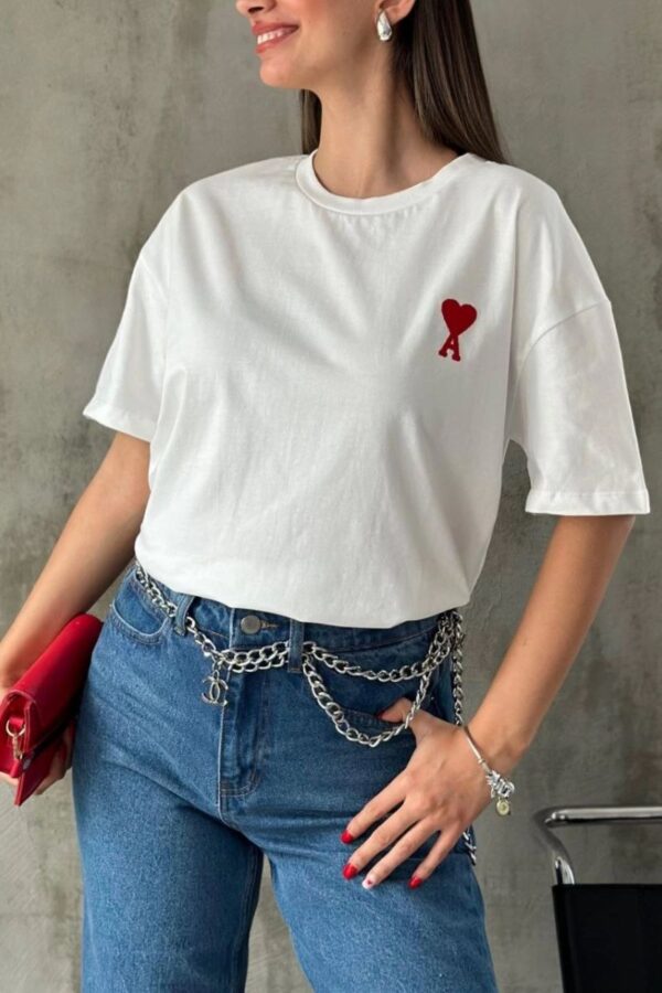 Kadın Tişört Bisiklet Yaka Baskılı Oversize Kısa Kol T-Shirt - Beyaz