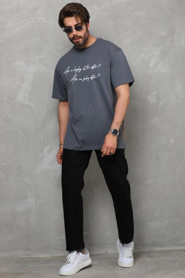 Erkek Kısa Kol Yazlık Tişört Bisiklet Yaka Baskılı Oversize T-Shirt - Füme
