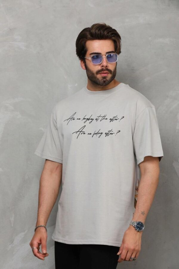 Erkek Kısa Kol Yazlık Tişört Bisiklet Yaka Baskılı Oversize T-Shirt - Gri