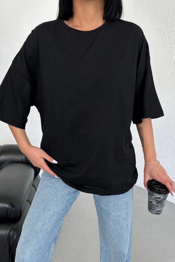 Kadın Düz T-Shirt Kısa Kol Bisiklet Yaka Oversize Tişört - Siyah