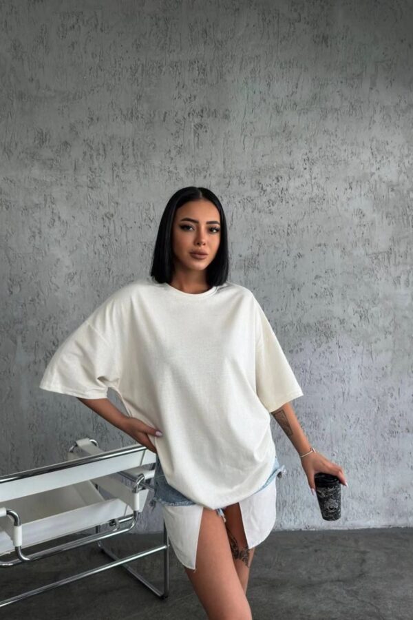 Kadın Düz T-Shirt Kısa Kol Bisiklet Yaka Oversize Rahat Kalıp Günlük Tişört - Beyaz