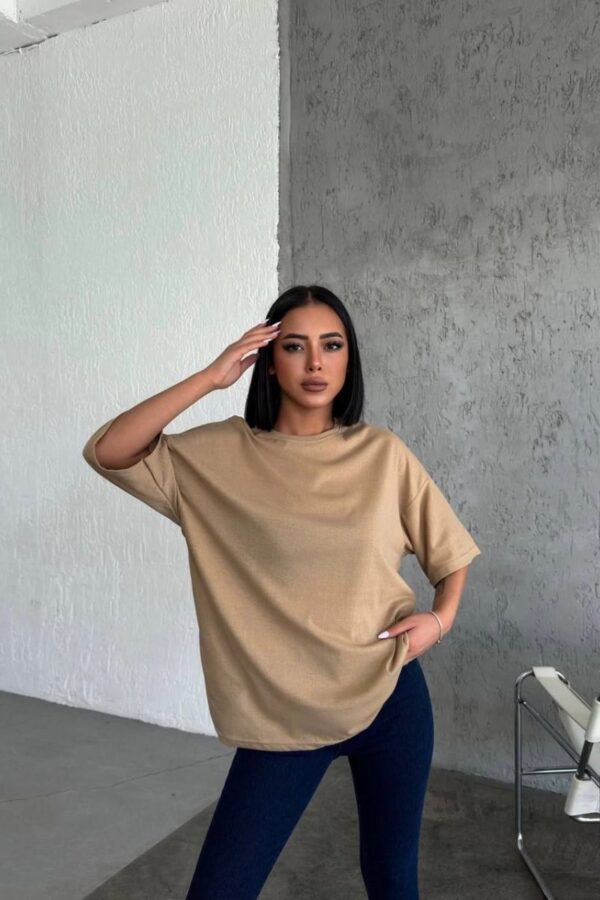 Kadın Düz T-Shirt Kısa Kol Bisiklet Yaka Oversize Rahat Kalıp Günlük Tişört - Bej