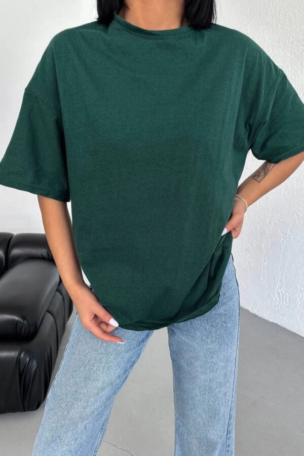 Kadın Düz T-Shirt Kısa Kol Bisiklet Yaka Oversize Rahat Kalıp Günlük Tişört - Haki