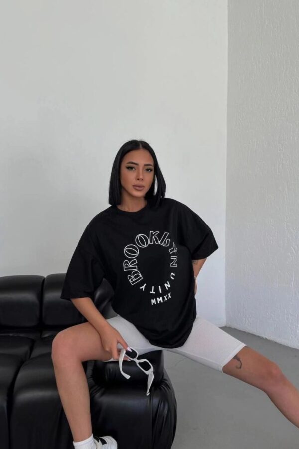Kadın Baskılı T-Shirt Kısa Kol Bisiklet Yaka Oversize Rahat Kalıp Günlük Tişört - Siyah