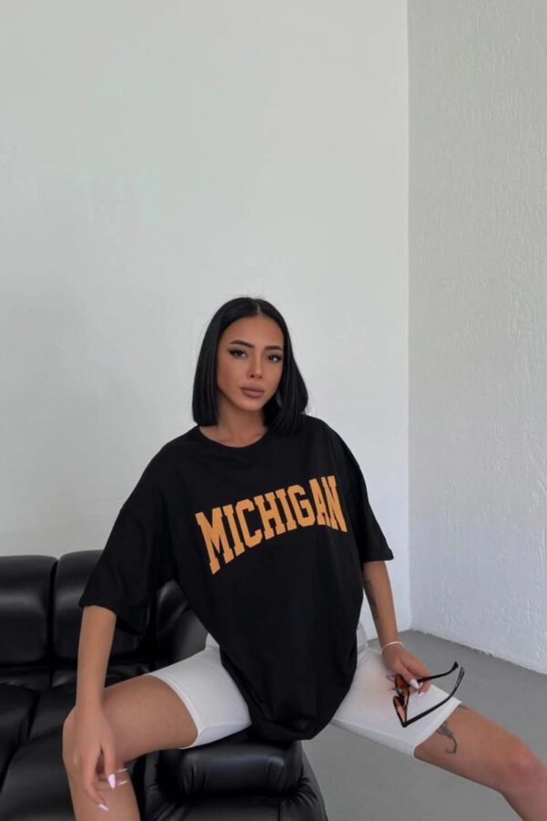 Kadın Baskılı T-Shirt Kısa Kol Bisiklet Yaka Oversize Tişört - Siyah
