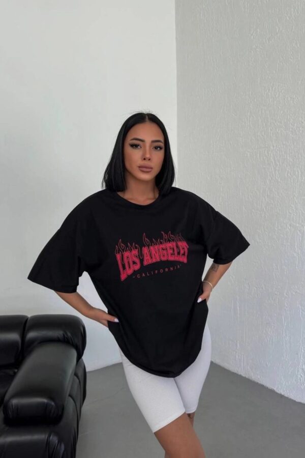 Kadın Kısa Kol Yazlık Tişört Bisiklet Yaka Los Angeles Baskılı T-Shirt - Siyah