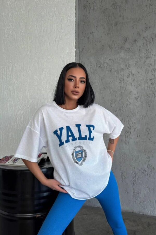 Kadın Kısa Kol Yazlık Tişört Bisiklet Yaka YALE Baskılı T-Shirt - Beyaz