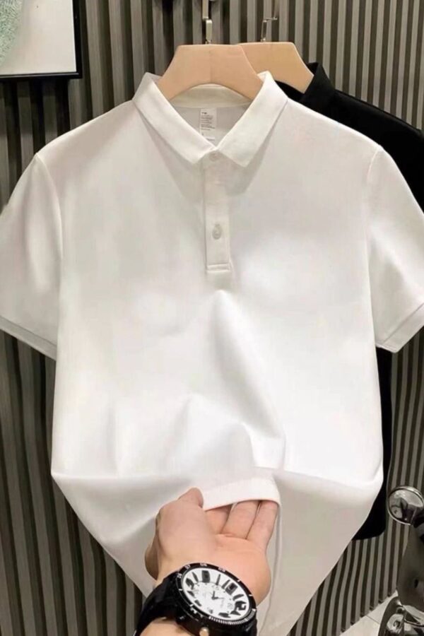 Erkek Polo Yaka Tişört Düğmeli Pike Düz T-Shirt - Beyaz