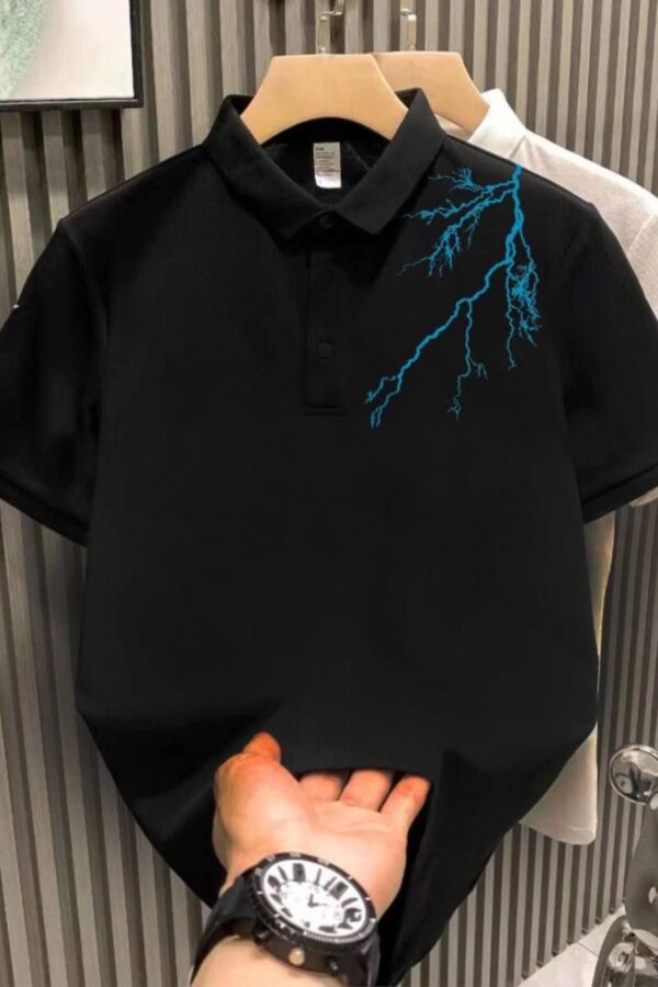 Erkek Polo Yaka Tişört Düğmeli Yıldırım Baskılı Pike T-Shirt - Siyah