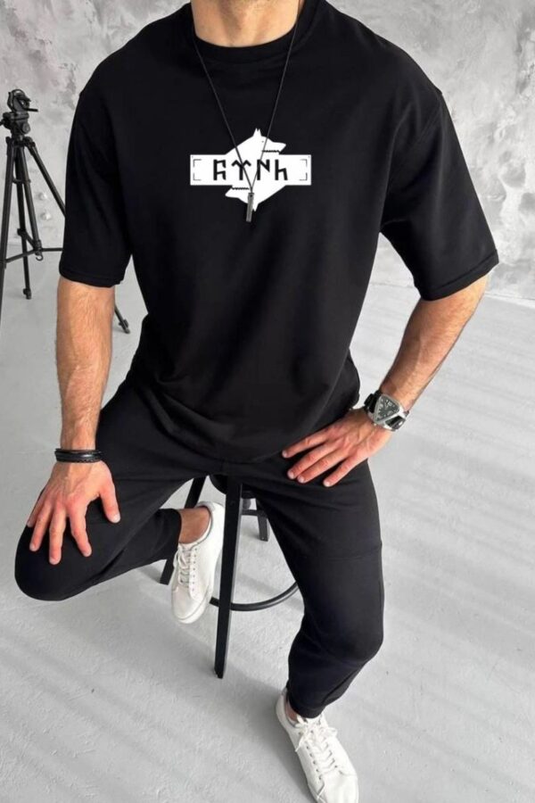 Erkek Kısa Kol Yazlık Tişört Bisiklet Yaka Baskılı Oversize T-Shirt - Siyah